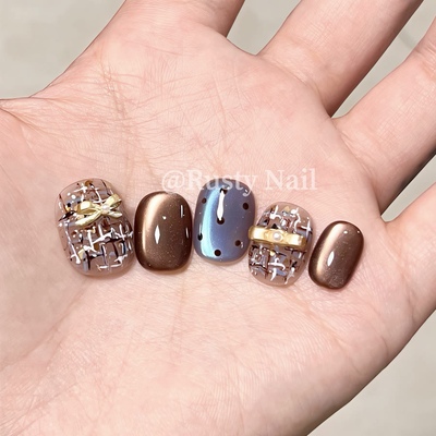 秋冬蓝色琥珀高级感短款手工美甲