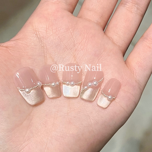 美甲贴片 纯欲高级感珍珠猫眼手工穿戴甲新娘婚甲显白短款 现货