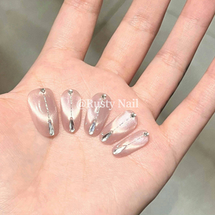 美甲贴片 冰透白开水清冷感猫眼手工穿戴甲爆闪锆石钻法式 现货