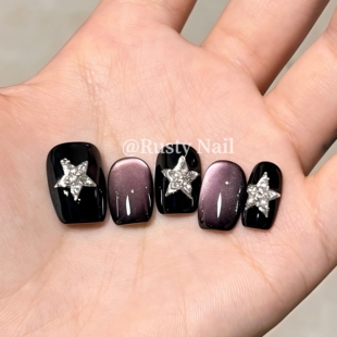 【黑加仑】美式甜辣风爆闪星星猫眼手工穿戴甲短款高级感美甲贴片