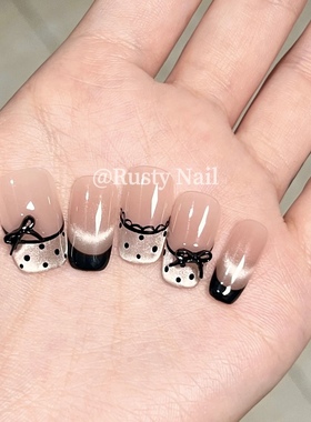 【现货】miu系黑色波点蝴蝶结猫眼纯手工穿戴甲富家千金美甲贴片