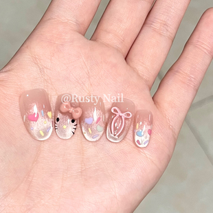 甜辣y2k蝴蝶结猫眼手工穿戴甲粉色kitty多巴胺美甲贴片 甜心KT