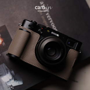 cam-in富士x100vi保护套真皮手掌纹半套黑色铝合金底座壳六代皮套