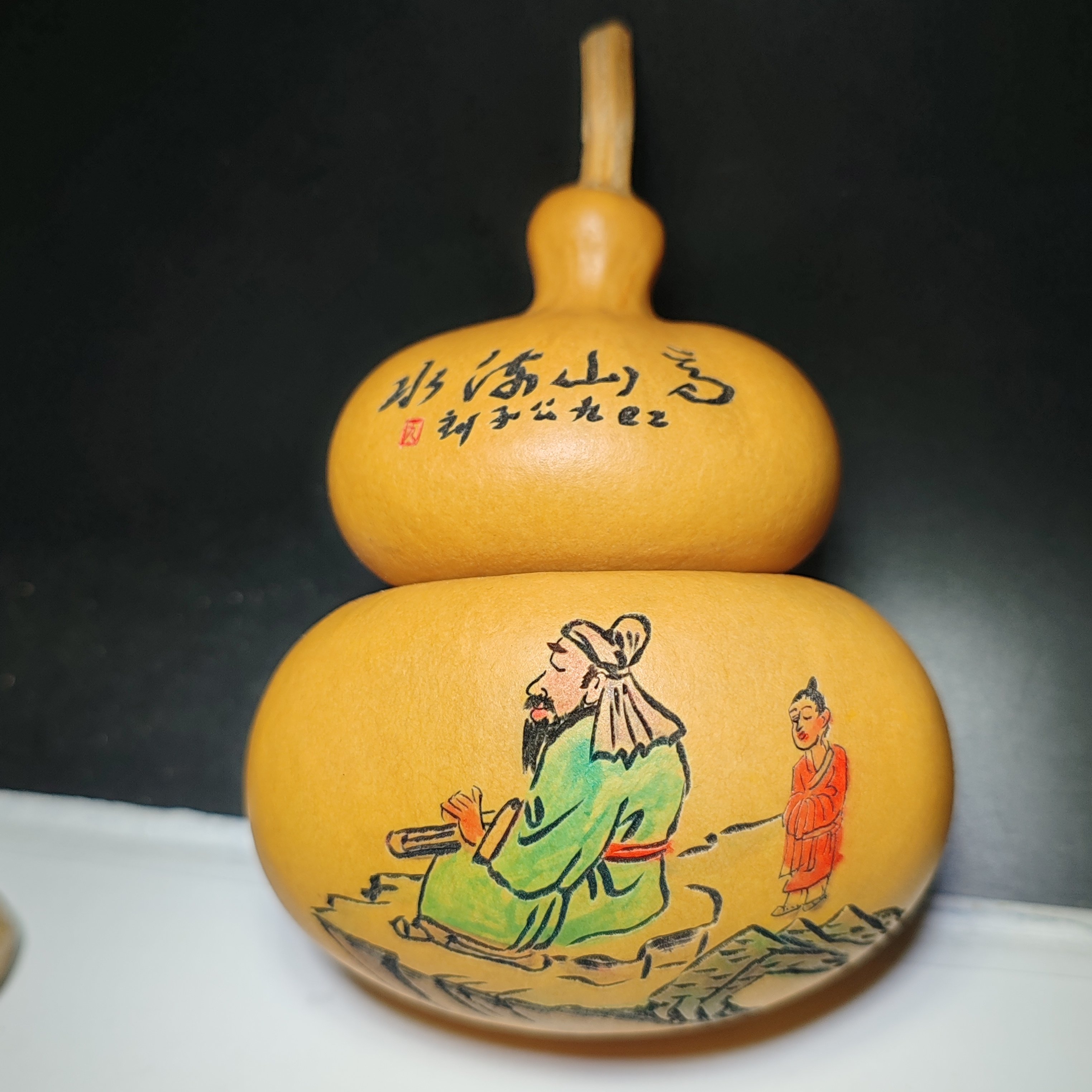 手工精雕墨刻元宝钱袋子高山流水老黄皮稳坐皮质光滑细腻高9厘米