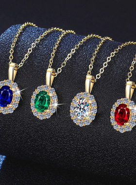 S925纯银莫桑钻石培育祖母绿项链红宝石蓝宝石轻奢复古锁骨链女