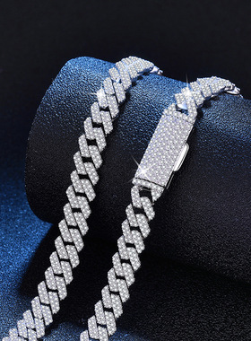 莫桑石满镶全钻925纯银古巴项链欧美ins风嘻哈派对菱形古巴链套装