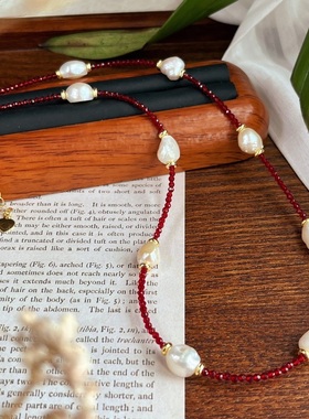 天然巴洛克珍珠配上鸽血红色人造水晶满天星锁骨链项链女