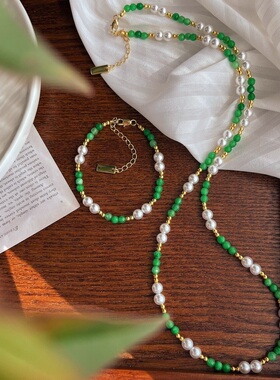 复古国风白绿撞色施家正圆珍珠人造翡翠色石英岩项链毛衣链手链