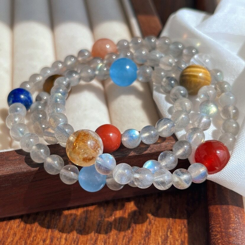 快乐星球6mm天然月光石拉长石太阳石虎眼石黄水晶青金石多圈手链