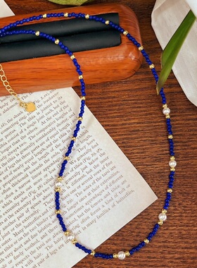 宝石蓝猫眼配上冷白施家珍珠锁骨链简约时尚百搭复古项链