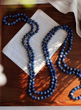 天然无优化天然青金石毛衣链180厘米左右 颗颗打结国风复古项链