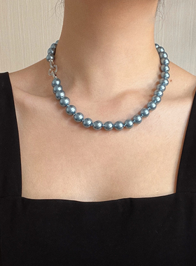 10mm复古国风品质货孔雀蓝人造水晶珍珠锁骨链项链