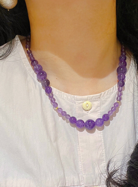 天然薰衣草紫紫水晶渐变大小微笑设计感项链女颈链锁骨链