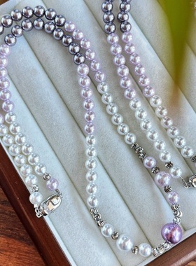 秋冬国风复古渐变紫色人造水晶珍珠锁骨链项链毛衣链