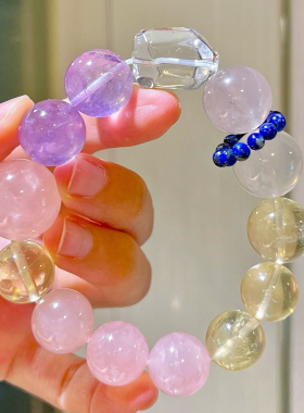 13-18mm天然粉晶柠檬黄水晶紫水晶青金石多宝手链手串