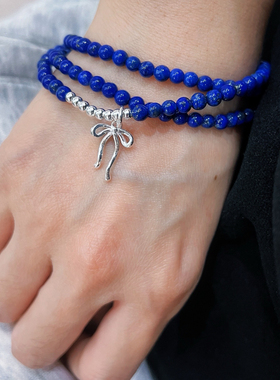925银蝴蝶结天然青金石多圈手链手串