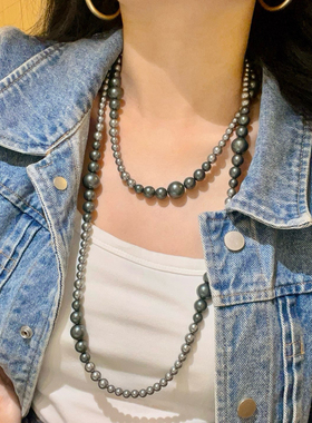 长款灰黑色贝珠渐变大小毛衣链