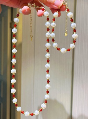 7-8mm复古天然淡水珍珠红玉髓手链项链套装