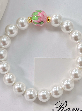 10mm设计感复古人造珠粉绿琉璃珠手链手串