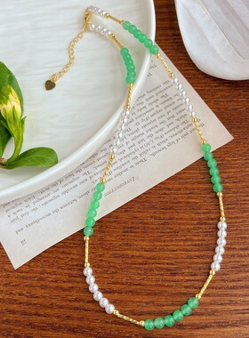 浅绿色石英岩配上施家冷白baby珠项链锁骨链女
