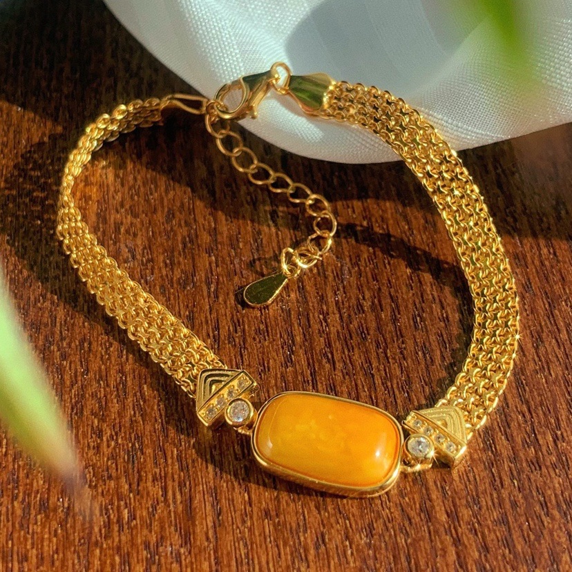 国风复古925银天然满蜜鸡油黄老蜜蜡手链