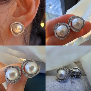 9-10mm天然淡水澳白珠光基本无瑕鸟巢珍珠耳钉简约时尚百搭气质款