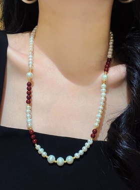 5-6mm复古天然淡水珍珠仿朱砂毛衣链多种戴法项链