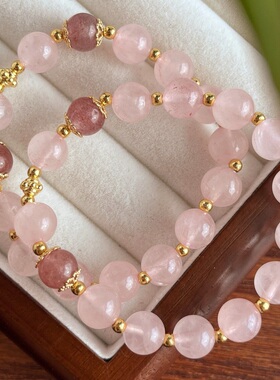 复古国风天然草莓晶粉晶（染色）手链手串