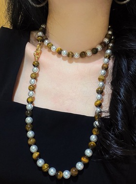 秋冬高光冷白仿澳白长款施家珍珠天然精品虎眼石毛衣链项链锁骨链