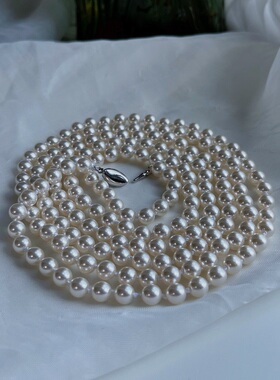 颗颗打结925银扣6mm正圆施家珍珠项链长款毛衣链女时尚