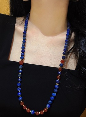 8mm复古天然高品质青金石红玉髓毛衣链项链女