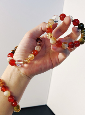 红黄色调天然虎眼石红玉髓白水晶黄塔晶氛围感手链手串
