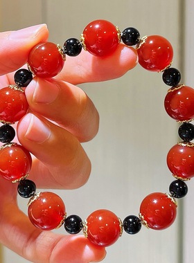 秋冬高品天然红玉髓黑玛瑙设计感手链手串女