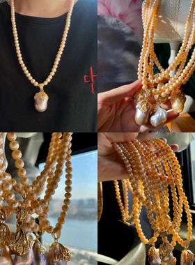 7-8mm天然粉橙色巴洛克珍珠项链 小众设计轻奢复古时尚百搭项链