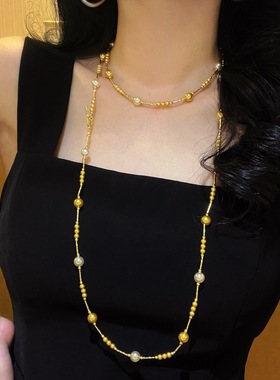 秋冬美拉德金色混彩施家珍珠项链女多种戴法加长毛衣链颈链女