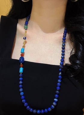 复古天然青金石设计感项链毛衣链锁骨链女