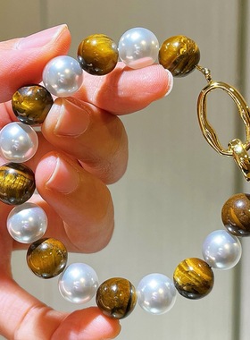 秋冬天然精品虎眼石仿澳白珍珠手链手串