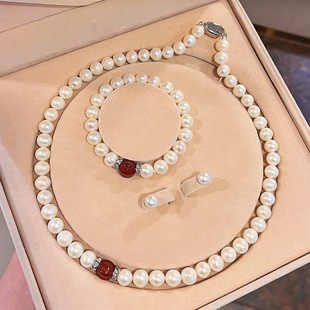 母亲节配礼盒 10mm天然淡水珍珠红玉髓项链手链耳钉套装