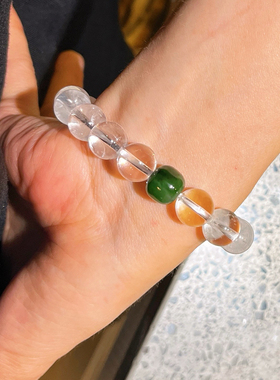 清凉夏日10mm天然白水晶和田碧玉设计感手链手串