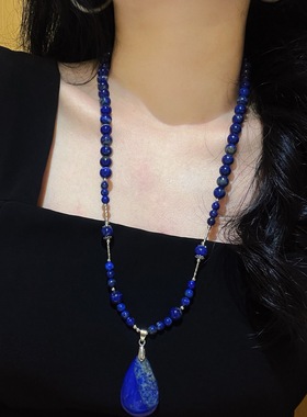 复古天然青金石设计感项链毛衣链锁骨链女吊坠