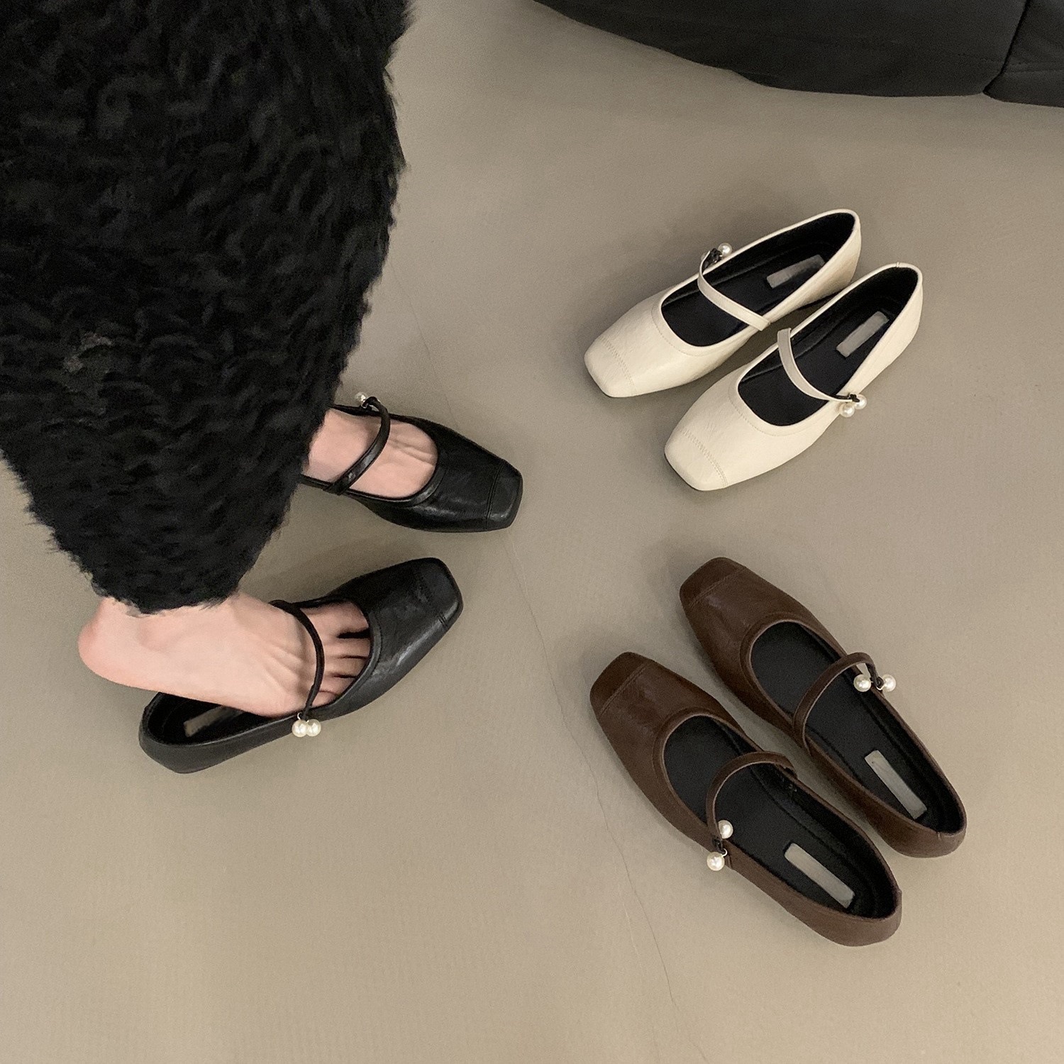 法式复古玛丽珍鞋女鞋子2024新款春秋季一字带珍珠气质平底浅口鞋