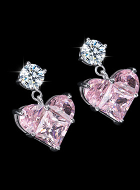 稀粉钻石925纯银爱心耳钉女轻奢ins小众设计莫桑石耳钉耳饰耳坠