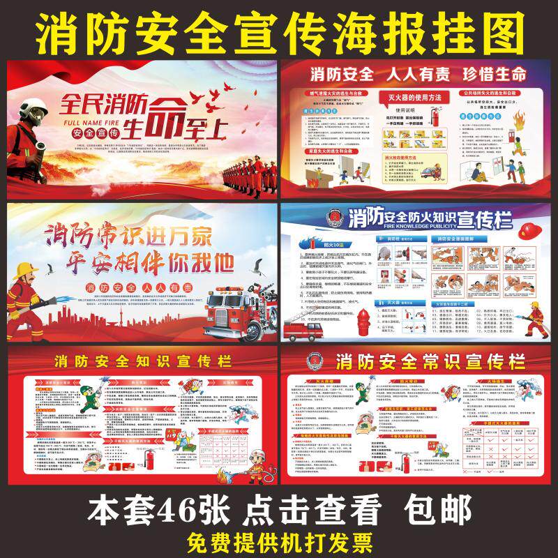 安全消防知识宣传挂图海报展板学校企业工厂车间消防知识教育贴画
