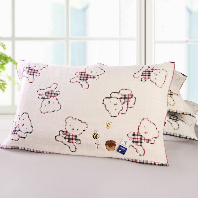 金号G2478WH纯棉双层无捻纱绣花格子卡通婴童枕巾130g枕头巾儿童