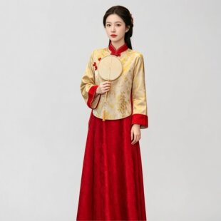 大码孕妇秀禾服新中式改良旗袍红色套装胖mm遮肚回门新娘订婚礼服