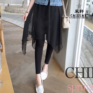 夏秋休闲女裤 打底裤 修身 雪纺网纱拼接大码 假两件瑜伽裙裤 2025新款