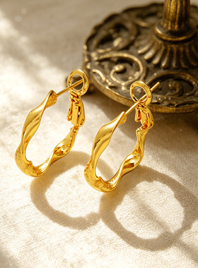 金色扭纹圆环仿真黄金保色耳钉