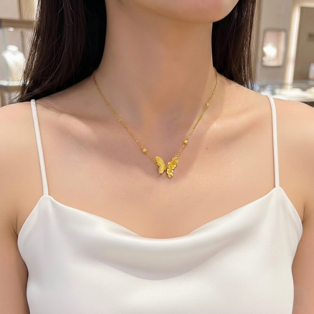 蝴蝶项链女999足金吊坠锁骨链小众设计感高级气质轻奢送女友礼物