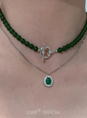 敲cool!新中式!显白橄榄绿玉髓中古风质感OT扣锁骨链项链洋气百搭