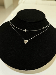 气质锁骨链项链百搭小众 通体纯银镀白金细版 编织光面爱心 不褪色